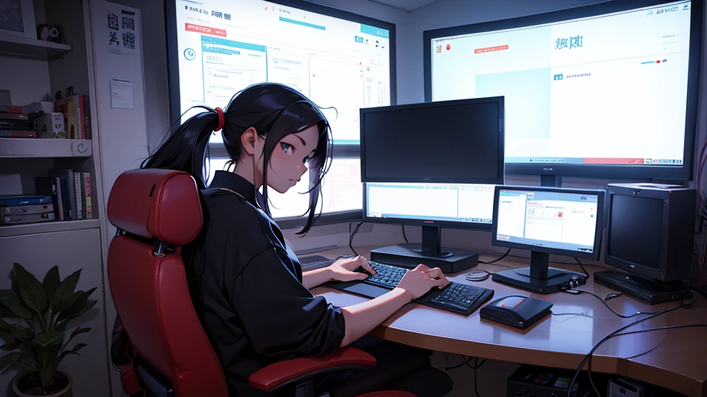 Uma chinesa de 16 anos, hacker especialista em tecnologia. She is in her cozy and relaxing room typical of a Chinese teenager. She is looking at the monitor screen.