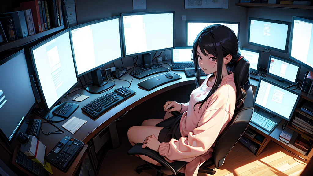 Uma chinesa de 16 anos, hacker especialista em tecnologia. She is in her cozy and relaxing room typical of a Chinese teenager. She is looking at the monitor screen.