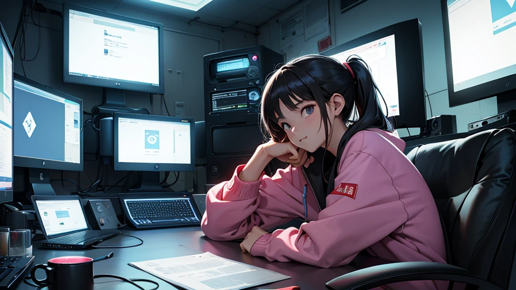 Uma chinesa de 16 anos, hacker especialista em tecnologia. She is in her cozy and relaxing room typical of a Chinese teenager. She is looking at the monitor screen.