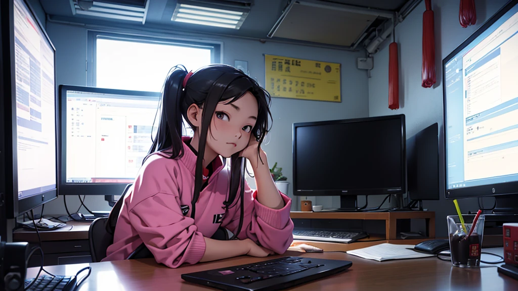 Uma chinesa de , hacker especialista em tecnologia. She is in her cozy and relaxing room typical of a Chinese teenagehe is looking at the monitor screen.
