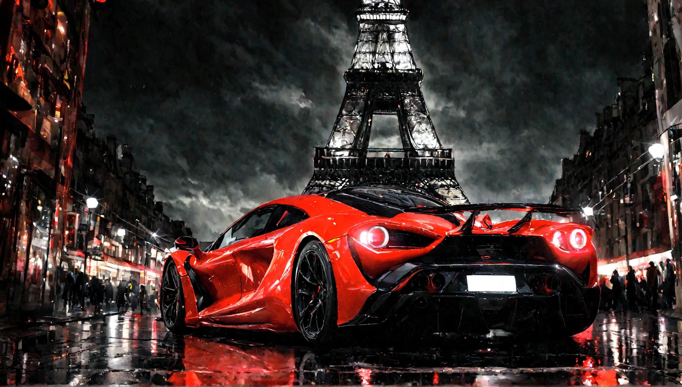 a red and black supercar, aggressive design, eiffel tower in the background, highly detailed, 8k, photorealistic, sharp focus, studio lighting, physically-based rendering, vibrant colors, intricate details, sleek and aerodynamic body, chrome accents, glowing headlights, engine exhaust fumes, reflections on the glossy paint, ominous cloudy sky, dramatic lighting, cinematic composition