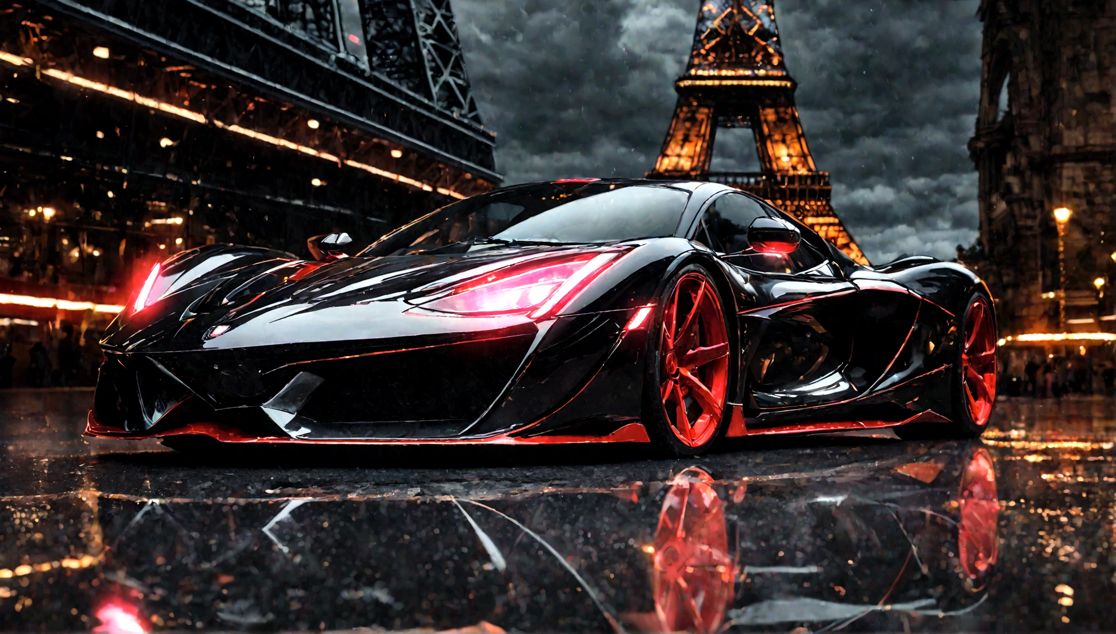 a red and black supercar, aggressive design, eiffel tower in the background, highly detailed, 8k, photorealistic, sharp focus, studio lighting, physically-based rendering, vibrant colors, intricate details, sleek and aerodynamic body, chrome accents, glowing headlights, engine exhaust fumes, reflections on the glossy paint, ominous cloudy sky, dramatic lighting, cinematic composition