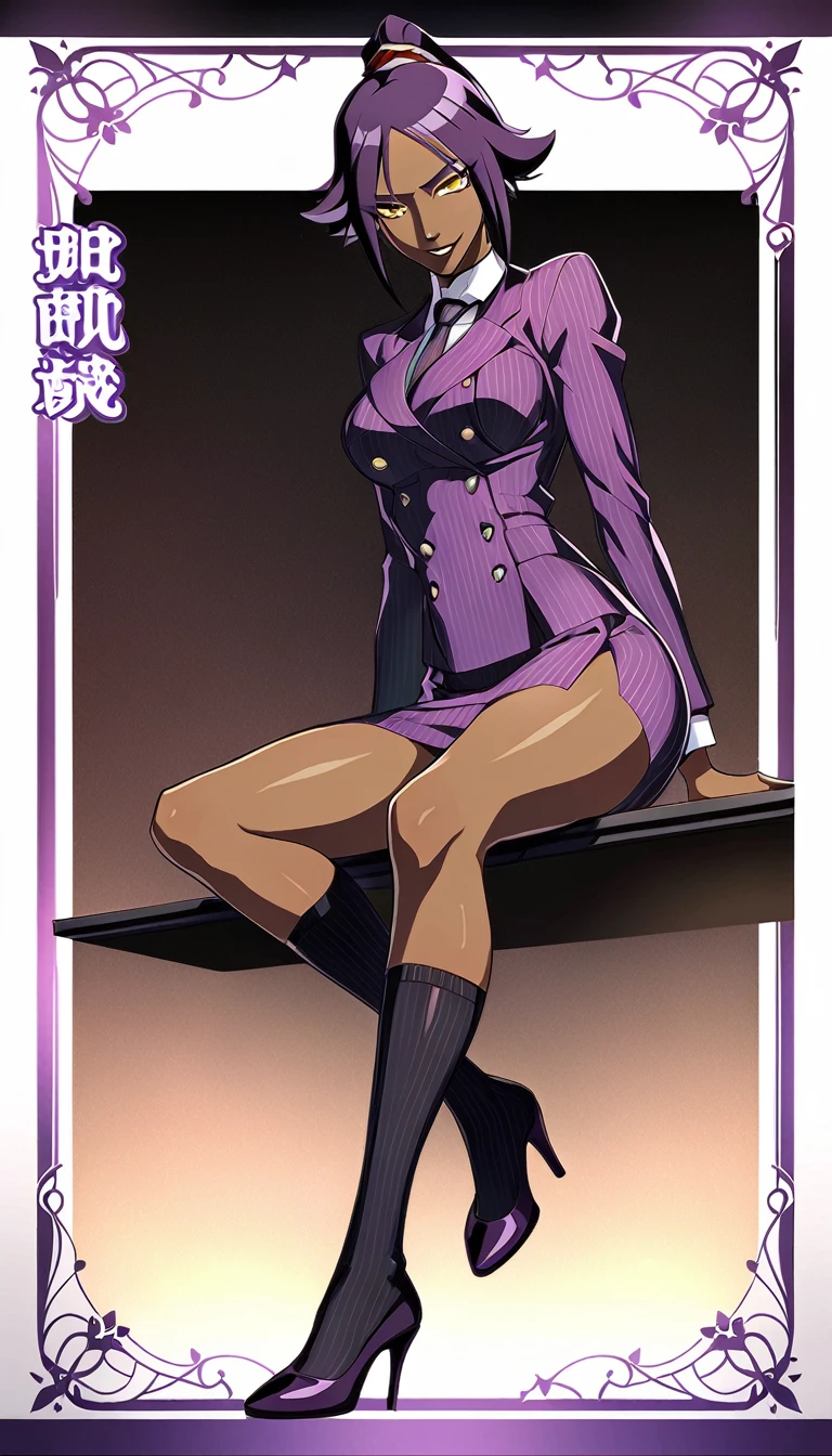  Full body Yoruichi as a thin Black business woman in a double breasted pinstripe purple  skirt suit while wearing a tie with a very long purple pinstripe skirt that covers the legs and with long black knee socks full art and make her sit down also give her thin legs and purple heels