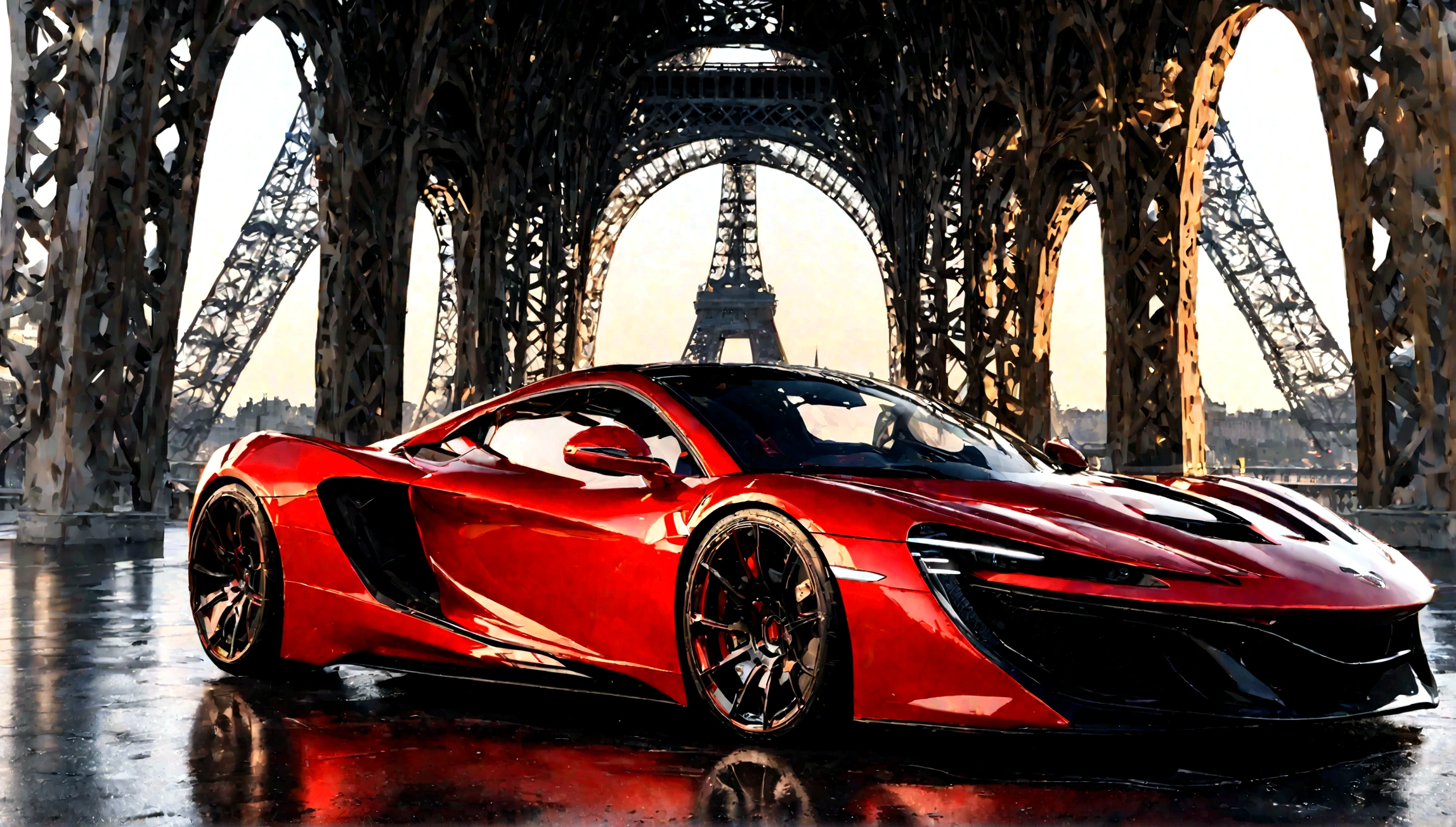red and black supercar, aggressive design, eiffel tower in background, hyperrealistic, 8k, high quality, photorealistic, extremely detailed, cinematic lighting, dramatic shadows, vibrant colors, glossy finish, sleek body, powerful engine, high-performance, sports car, luxury vehicle, futuristic, concept art, digital painting, 3d render