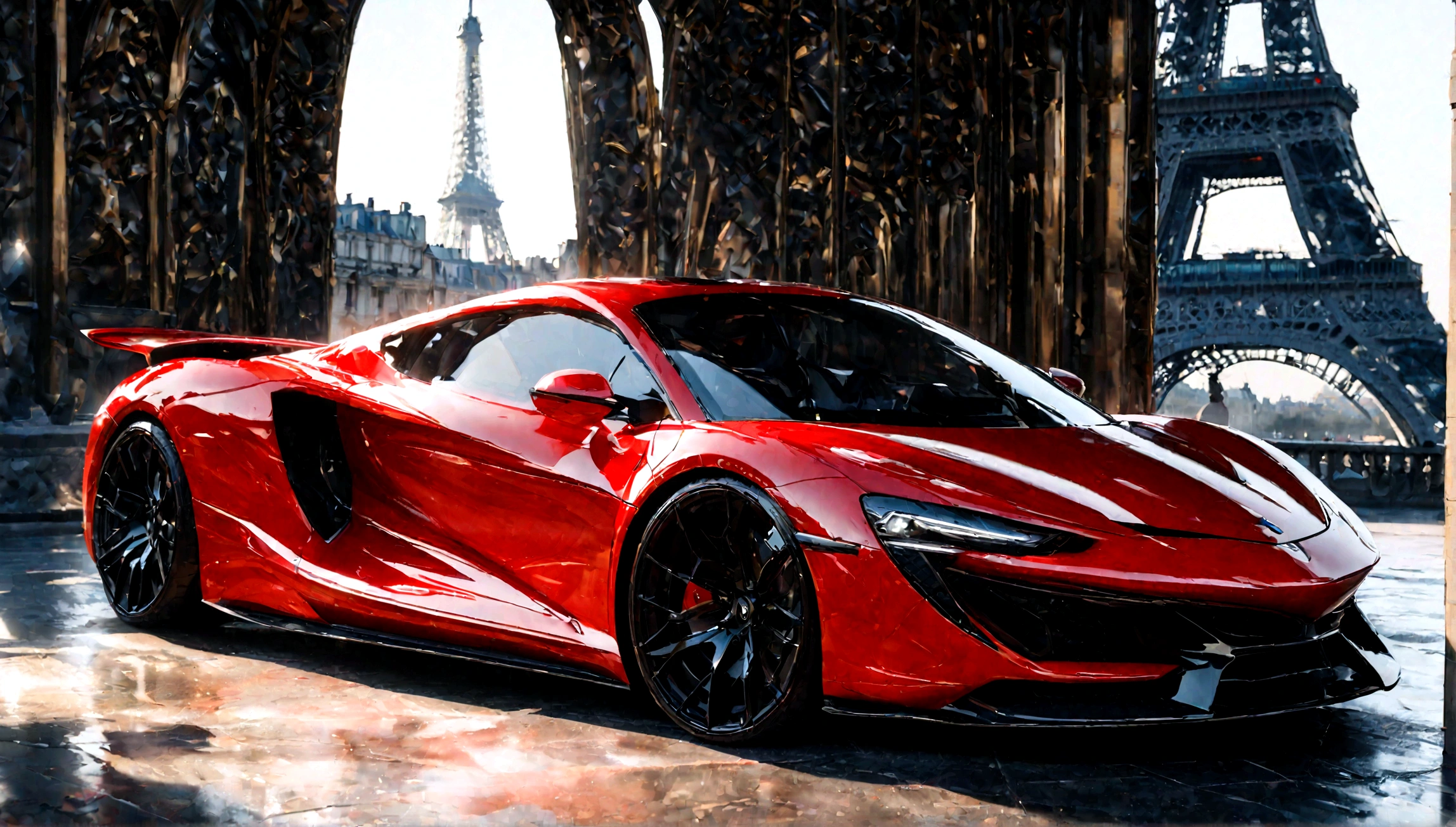 red and black supercar, aggressive design, eiffel tower in background, hyperrealistic, 8k, high quality, photorealistic, extremely detailed, cinematic lighting, dramatic shadows, vibrant colors, glossy finish, sleek body, powerful engine, high-performance, sports car, luxury vehicle, futuristic, concept art, digital painting, 3d render