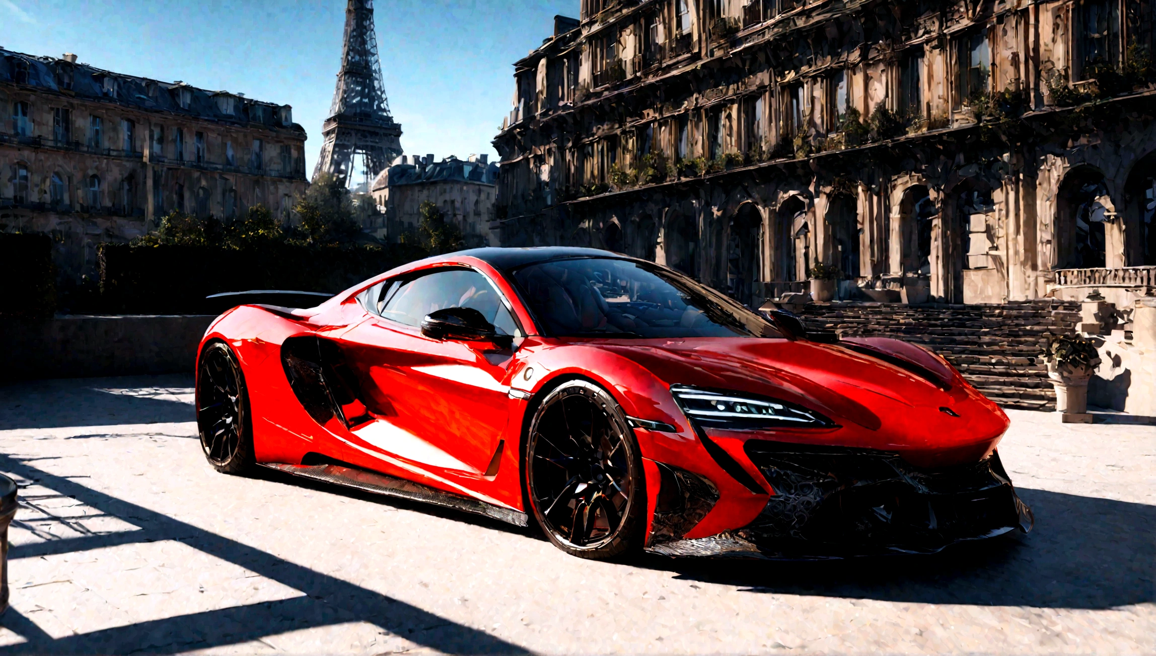 red and black supercar, aggressive design, eiffel tower in background, hyperrealistic, 8k, high quality, photorealistic, extremely detailed, cinematic lighting, dramatic shadows, vibrant colors, glossy finish, sleek body, powerful engine, high-performance, sports car, luxury vehicle, futuristic, concept art, digital painting, 3d render