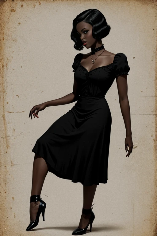 A girl, 1girl, dark skin, full body, vintage horror, 1940s, shapes, abstract, propaganda, gothic, vintage, sexy, anime style, (clear background:1.0)