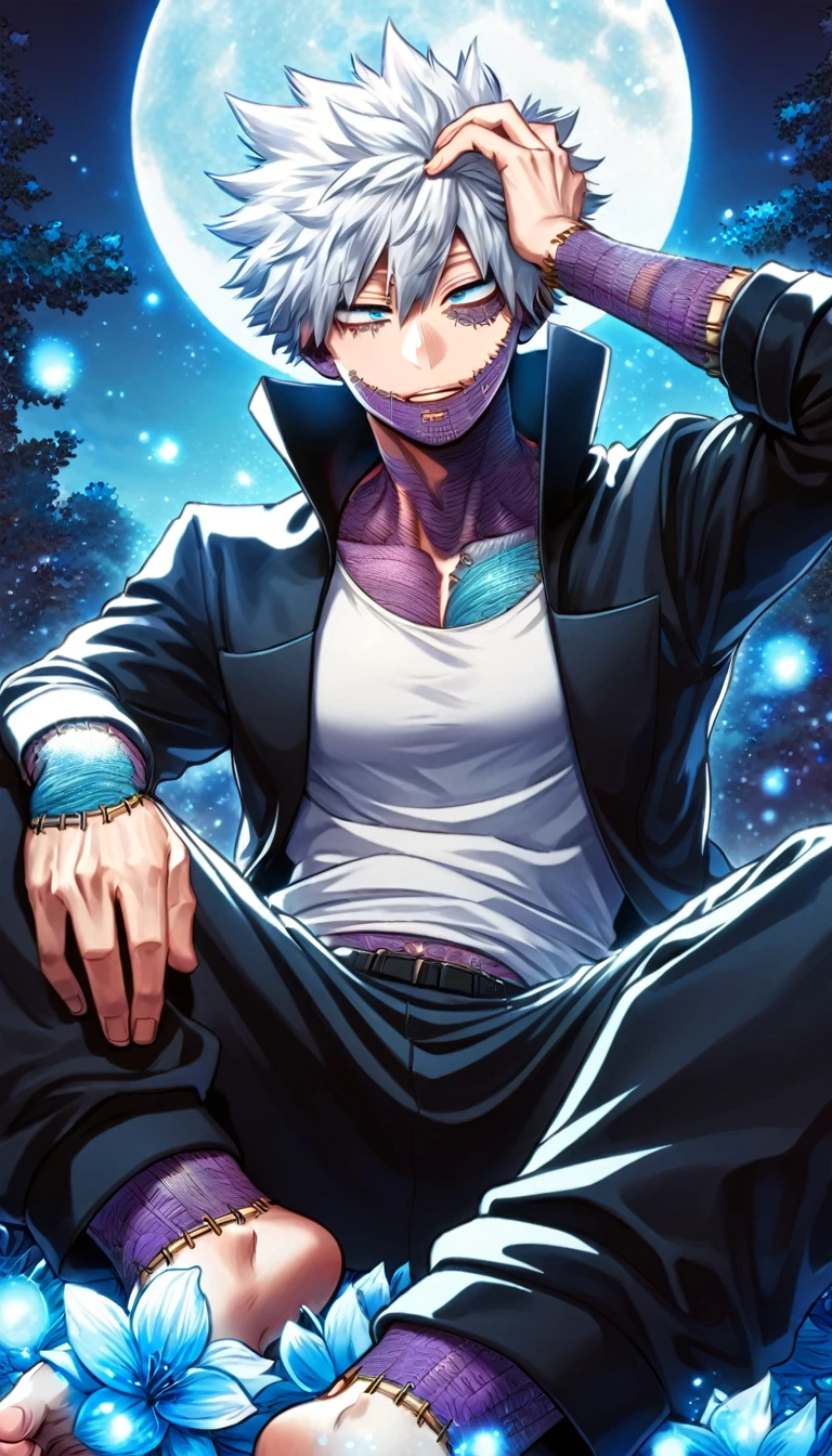 absurdres, highres, ultra detailed, HDR, master piece, best quality, Dabi, white hair spiked around his head, expressive turquoise eyes, Boku No Hero Academia, black coat with high collar, white T-shirt, solo, sexy man, sitting, handsome, toned chest, blue moon, blue forest, blue fireflies, blue flowers, magical, fantasy