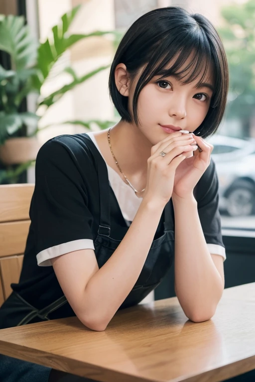 (((A girl sitting across from me at a coffee shop、The man filming it)))、(High resolution:1.3), (16k, Photorealistic, Raw photo, Best image quality: 1.4), Japanese, (One Girl),  (Black-haired、short hair:1.3), Beautiful Hairstyles, (Realistic Skin), Beautiful skins, attractive, 超A high resolution, Surreal, High detail, Golden Ratio, Highly detailed cute girl,(20-year-old)、Thick