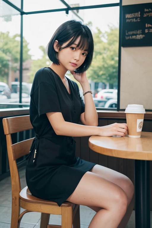 (((A girl sitting across from me at a coffee shop、The man filming it)))、(High resolution:1.3), (16k, Photorealistic, Raw photo, Best image quality: 1.4), Japanese, (One Girl), (Black-haired、short hair:1.3), Beautiful Hairstyles, (Realistic Skin), Beautiful skins, attractive, 超A high resolution, Surreal, High detail, Golden Ratio, Highly detailed cute girl,(20-year-old)、Thick