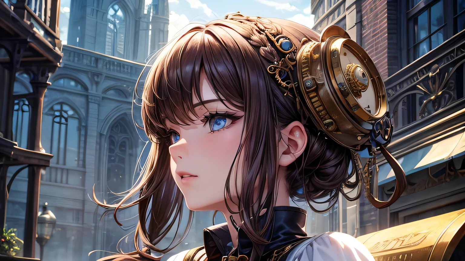Beautiful woman 1.3, Beautiful brown short hair: 1.2, , Steampunk landscape: 1.2,In town: 1.1, Ultra-high resolution, Accurate, Super detailed, Textured skin, High detail, highest quality, 8k,Thin bangs,Upper Body,Well-drawn eyes, Focus on the face,steampunk outfit,Steampunk Gadgets,Detailed hair depiction,Detailed depiction of eyes、Detailed depiction of hair、vapor、Upper Body、spirit