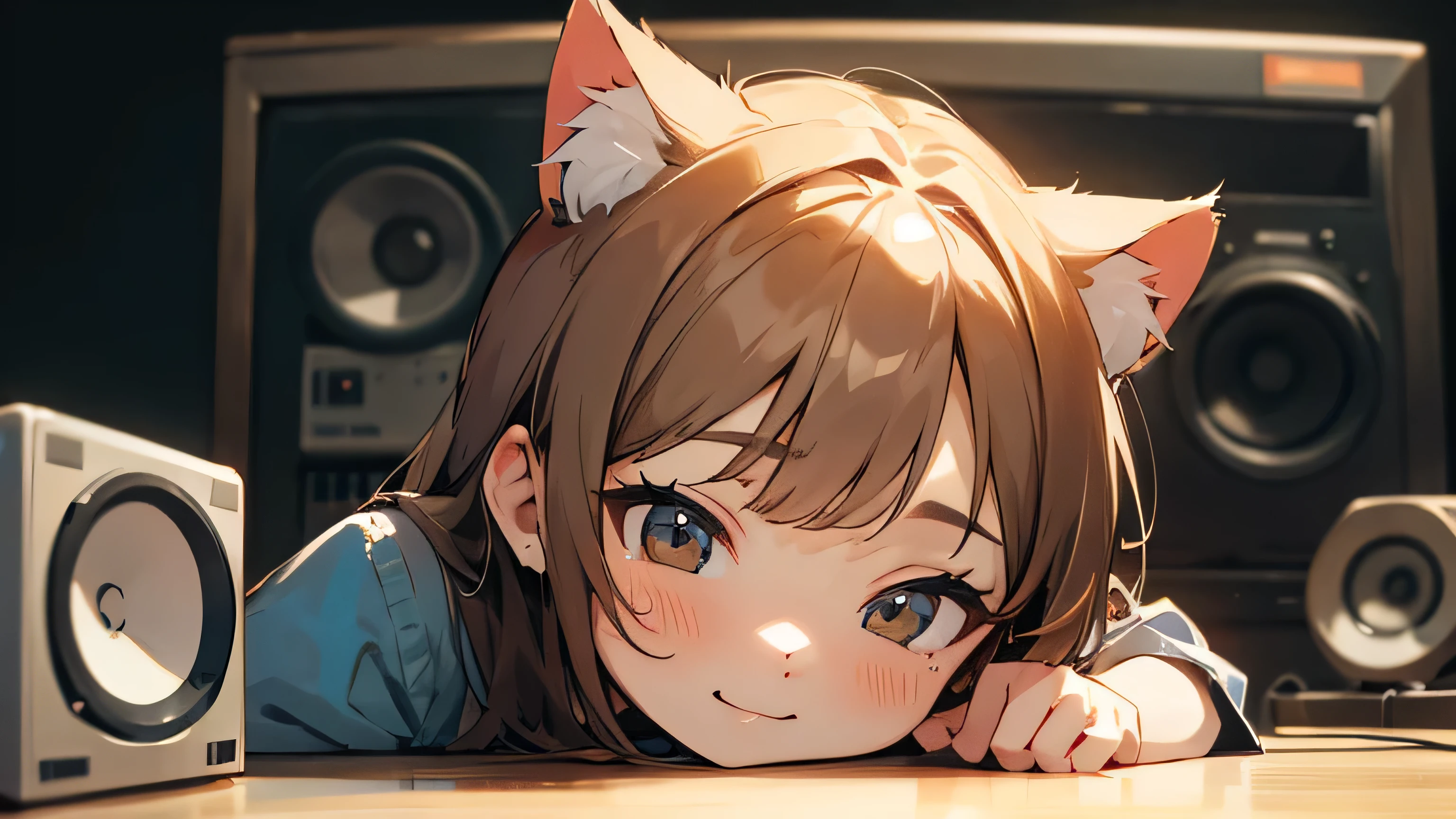 Room with speakers、Cute kitten、Face close-up、