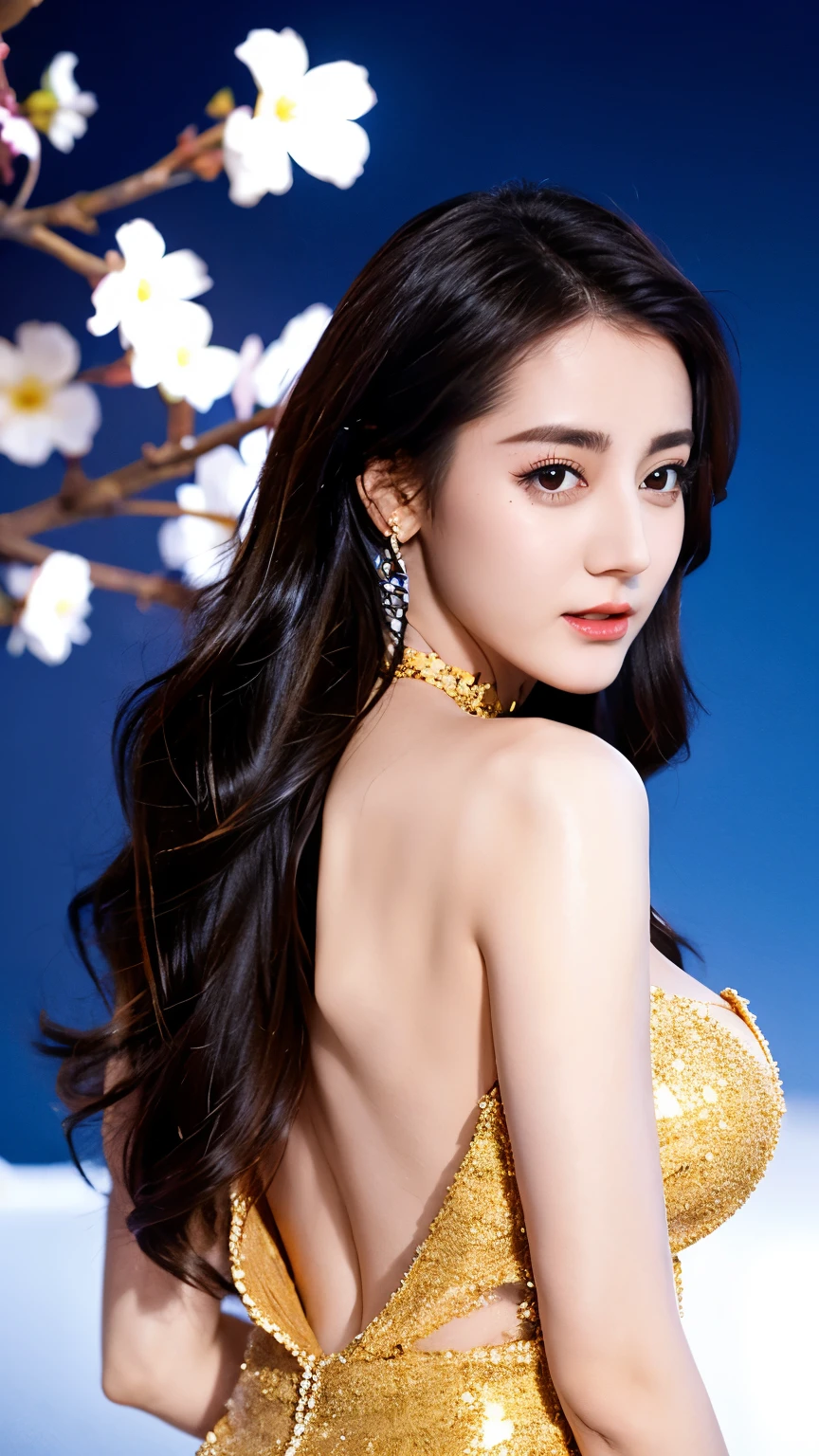 Ultra HD resolution,art photography,photography,21-year-old girl,earring,long hair,black background,Black backless dress,necklace,cowboy shoot,H Cup,show cleavage,Revealing more breasts,Incredible chest size,erect nipples,Open the arena area,Breasts get bigger,The back is smooth and beautiful.,The back is completely bare.,Cold skin whitening,Big butt,Clothes made from silk,messy hair,messy hair,Translucent clothes