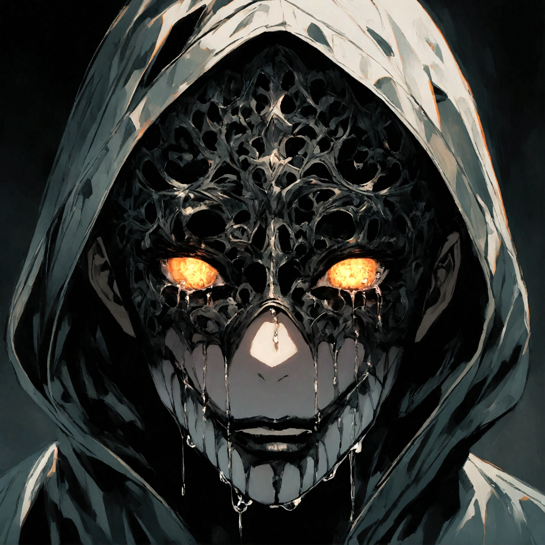a male with a hooded sweatshirt on wearing a scary mask crying black tears, serial killer aesthetic