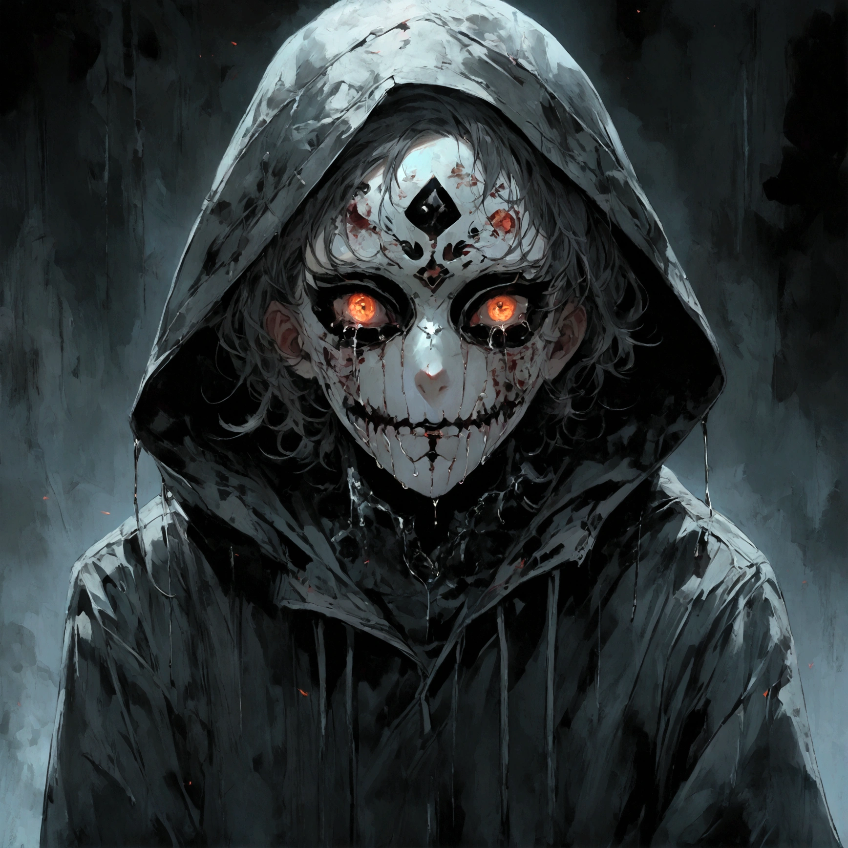 a male with a hooded sweatshirt on wearing a scary mask crying black tears, serial killer aesthetic