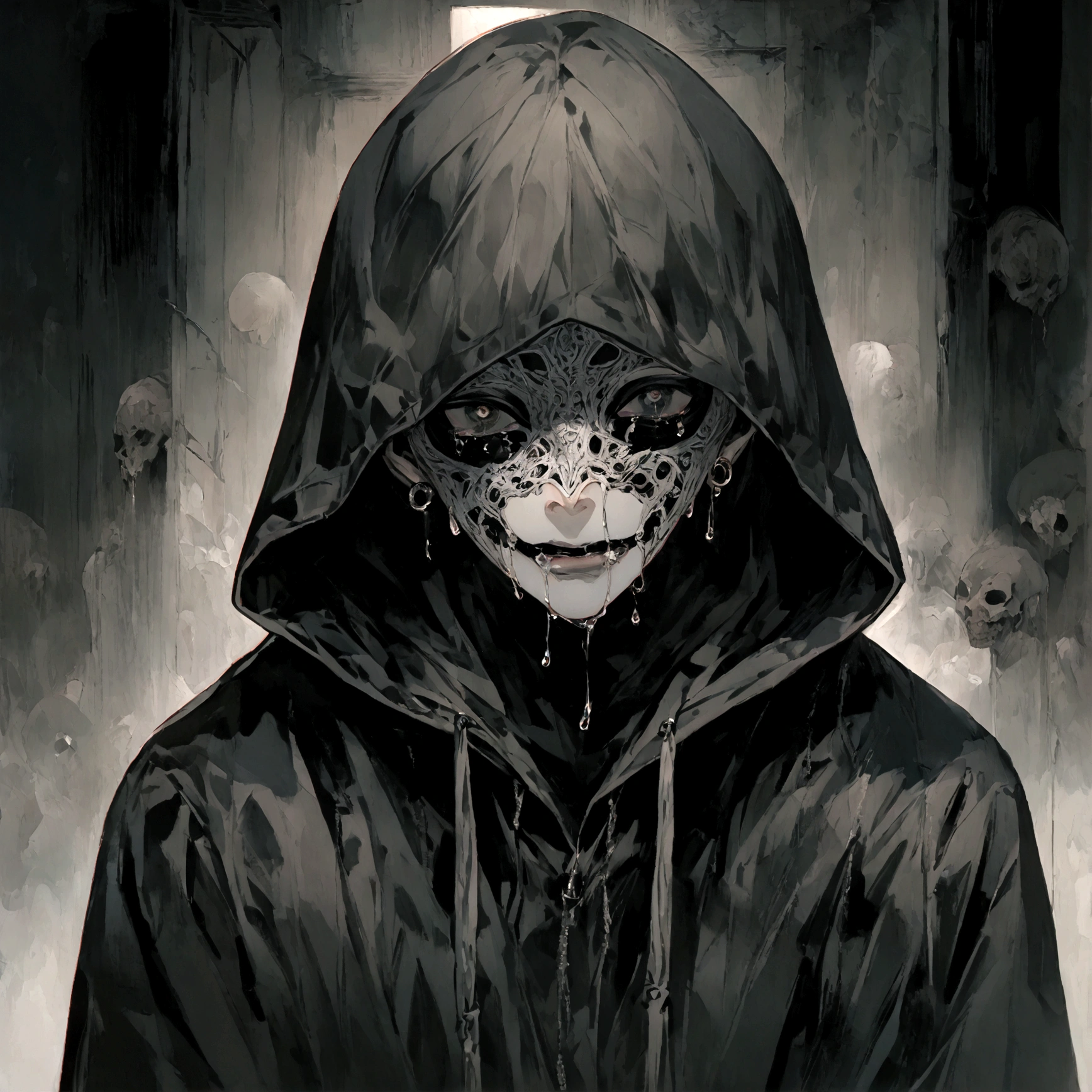 a male with a hooded sweatshirt on wearing a scary mask crying black tears, serial killer aesthetic