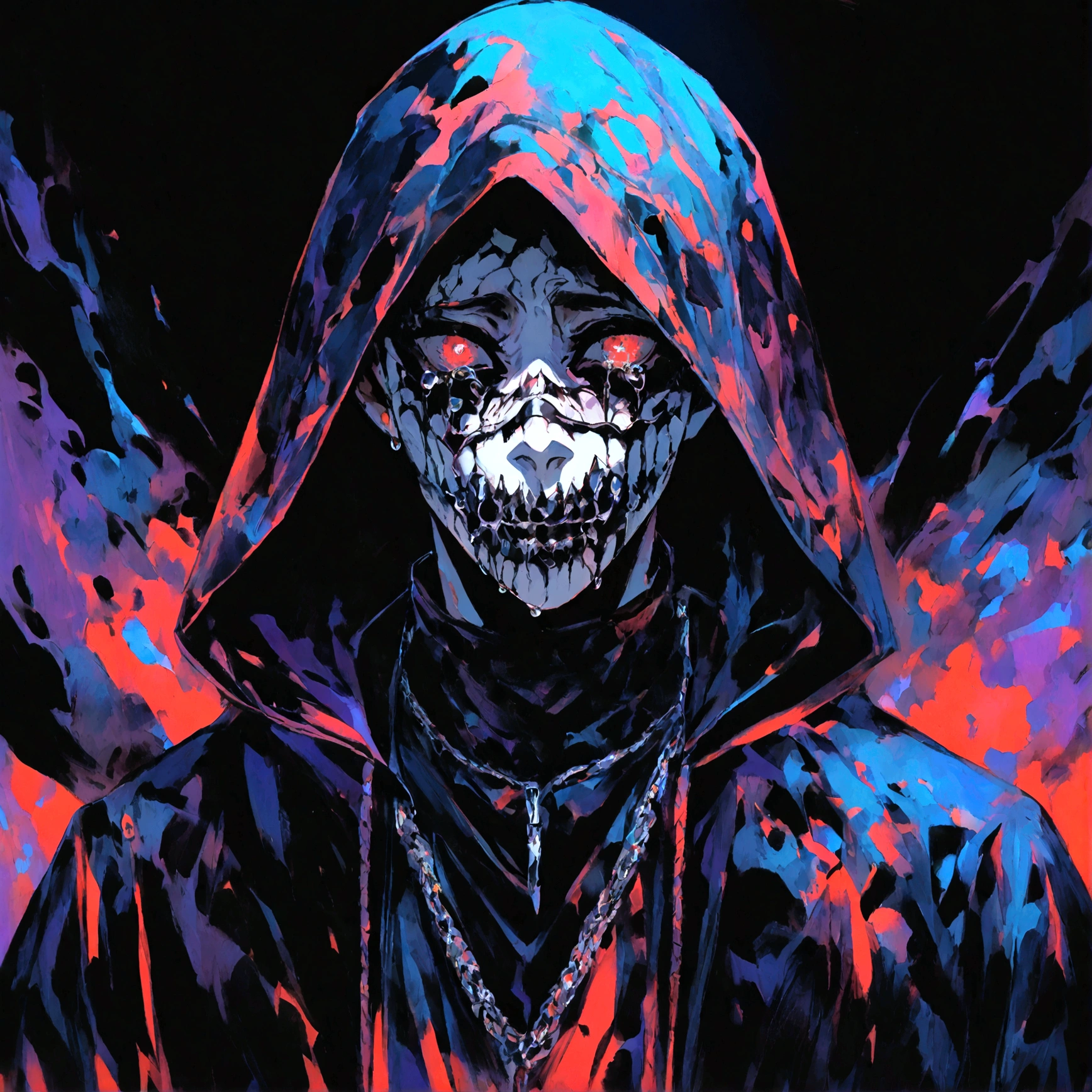 a male with a hooded sweatshirt on wearing a scary mask crying black tears, serial killer aesthetic