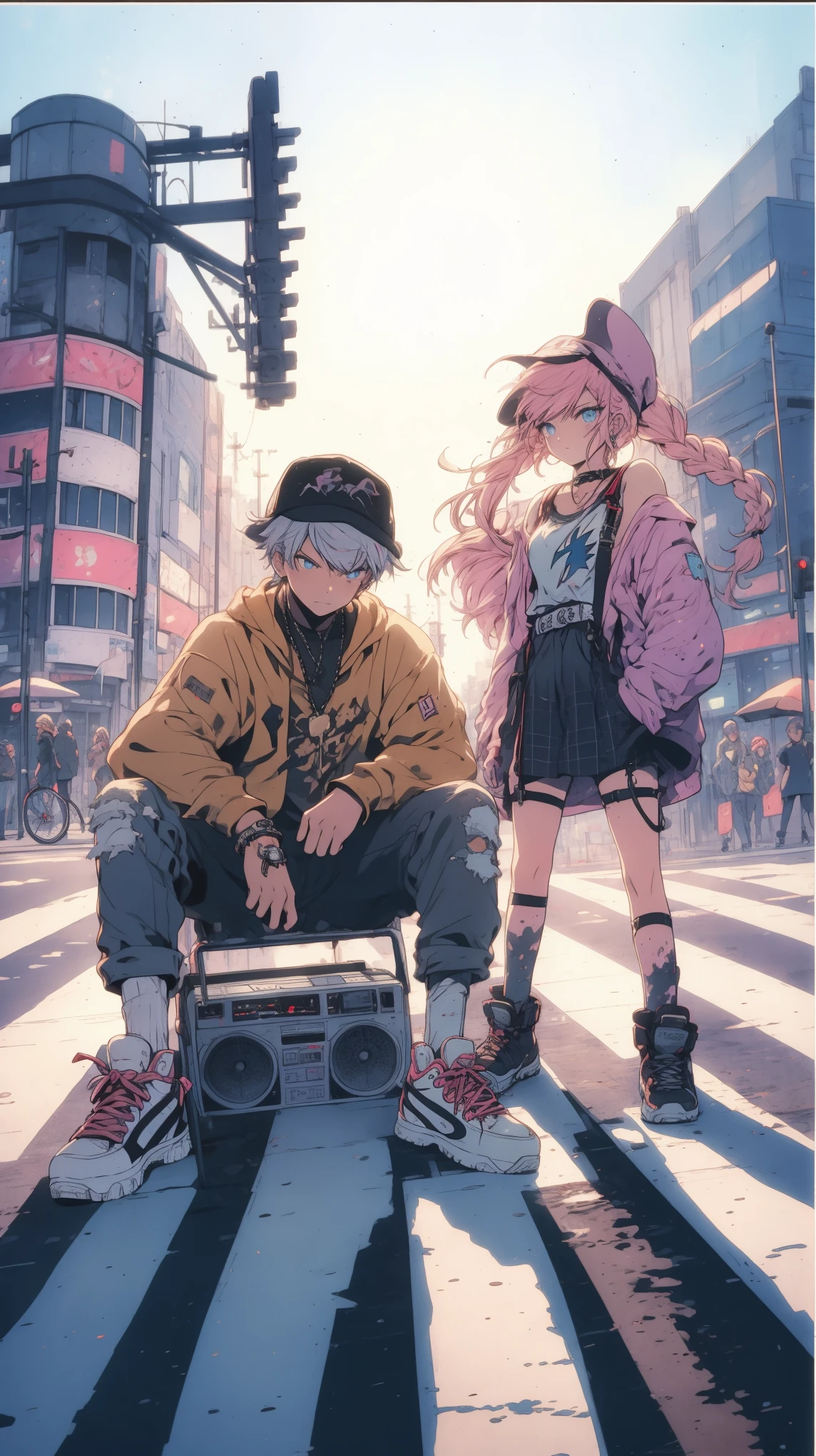 A young couple, the girl with pastel pink hair styled in braids and the boy with a shaved head and a lightning bolt design, stand on a busy intersection. They wear high-top sneakers, oversized clothing with brand logos, and bucket hats. A boombox strapped to a shopping cart blasts a mix of hip-hop and pop music, attracting the attention of passersby, fantasy world, dark background, clean design, epic, artstation, colorful paint splatter, silhouette, hyper detailed intricate details, unreal engine, fantasy, splash screen, complementary colors, deviantart masterpiece, oil painting, heavy strokes, paint dripping, indifferent expression