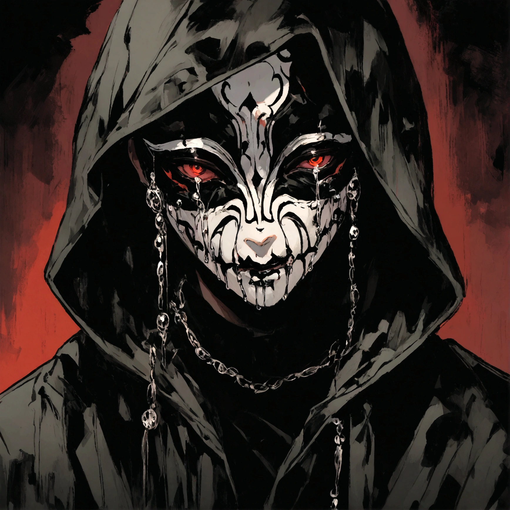 a male with a hooded sweatshirt on wearing a scary mask crying black tears, serial killer aesthetic