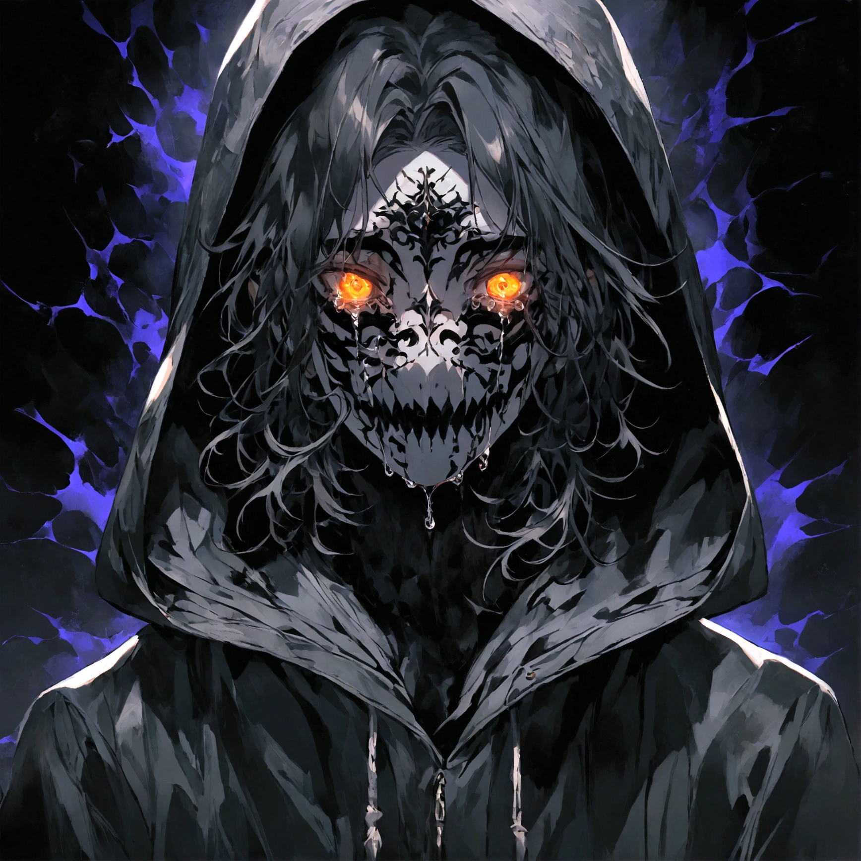 a male with a hooded sweatshirt on wearing a scary mask crying black tears, serial killer aesthetic