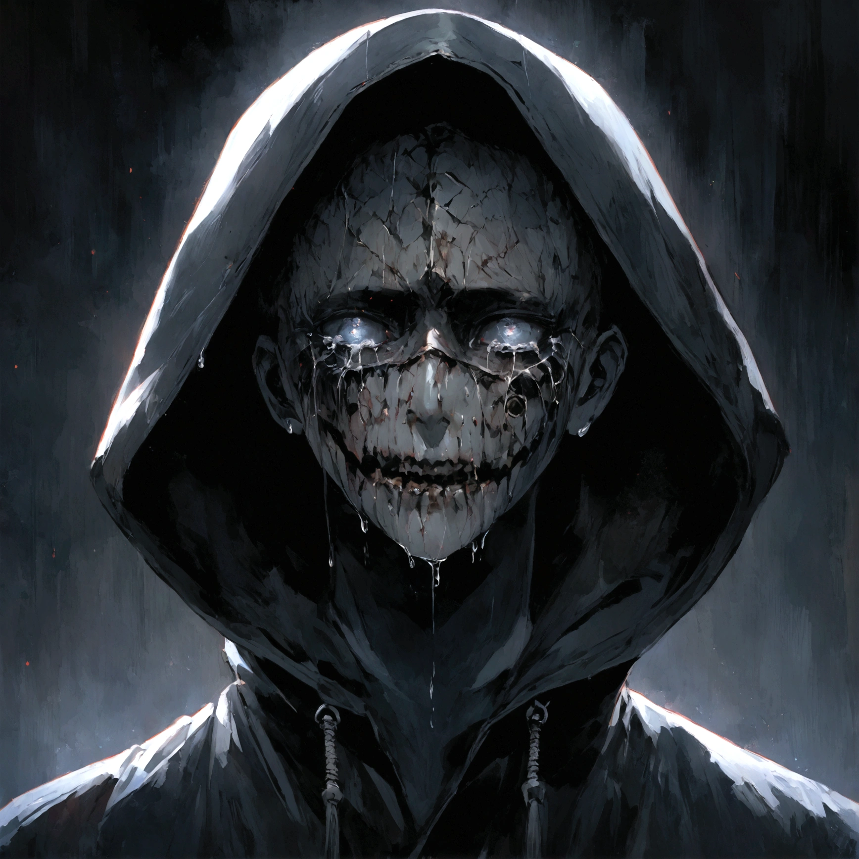 a male with a hooded sweatshirt on wearing a scary mask crying black tears, serial killer aesthetic