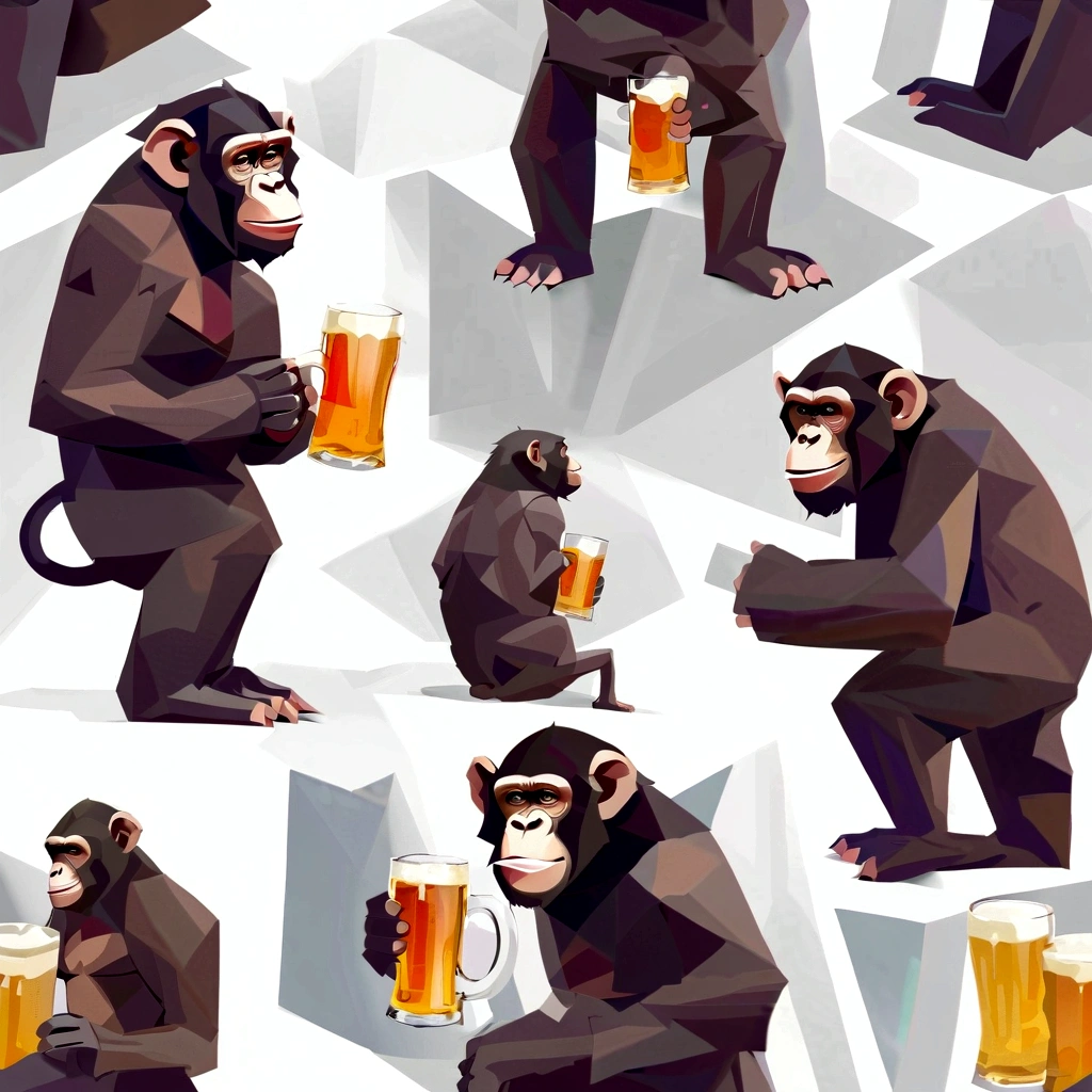 Perfect centering, 1 cute chimpanzee, Wearing a jacket，Crystal Vase，rose, Wearing sunglasses, Cheerfulness, Standing position, Abstract Beauty, in the center, looking at the camera, A toast pose with a beer glass raised in one hand。To the camera, Approaching perfection, dynamic, Very detailed, Smooth, Sharp focus, 8k, high resolution resolution, shape, art：Carne Griffith and Vadim Kashin, White Background