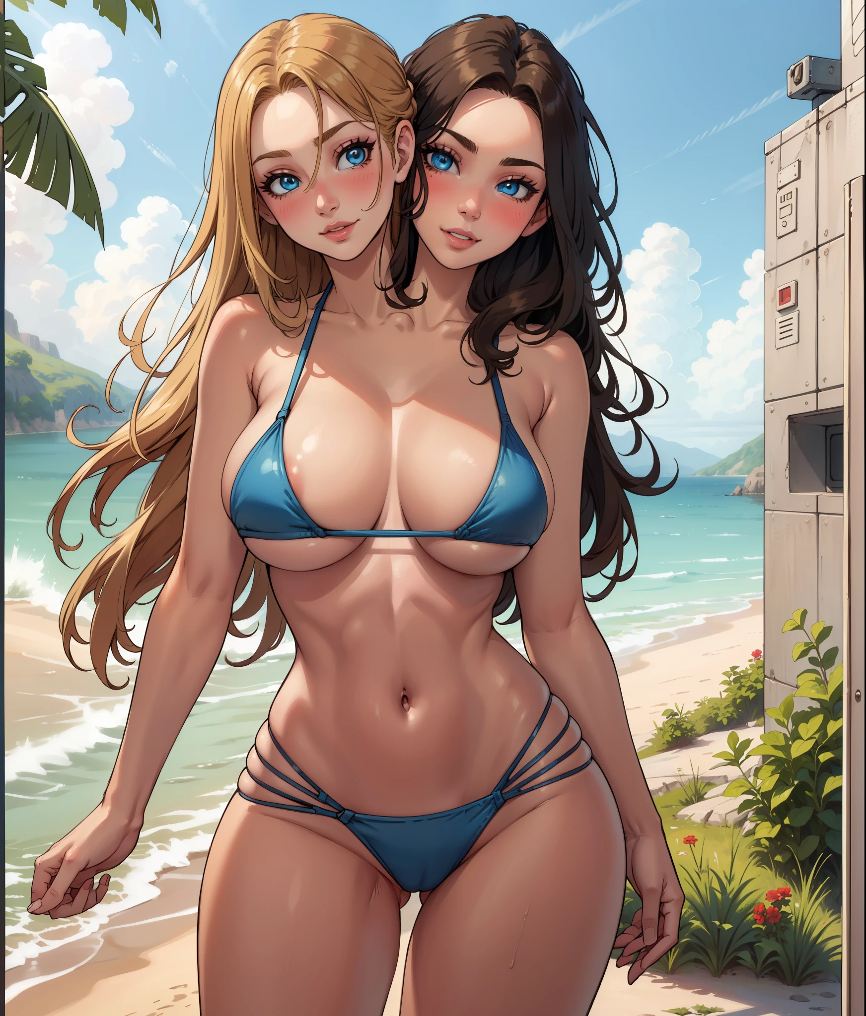 (masterpiece),best quality:1.5, ultra-detailed, high resolution, high quality, 16K, ((2heads:1.5)), ((blonde hair)), ((brown hair)), (different hair colors), (1girl), conjoined twins, girl with two heads cleavage, ((underboob bikini)), (blue eyes), long hair, sexy woman, gentle smile, seductive woman, sexy silhouette, blushing