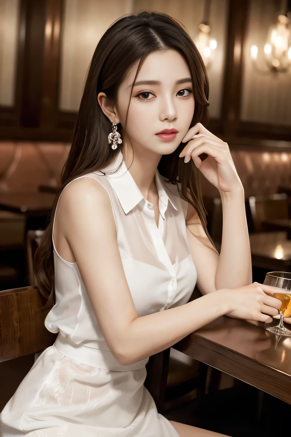 masterpiece, highest quality, Realistic, Very detailed, Finer details, High resolution, 8k wallpaper, One beautiful woman, Wear an elegant white see-through shirt, In a great restaurant, At night, Light brown, messy mid-length hair, Perfect dynamic composition, Beautiful and beautiful eyes、Big earrings、Sitting in a chair、Sleeveless shirt、