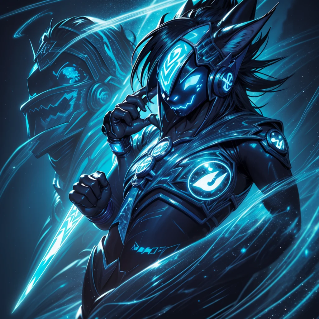 a wizard with a human face and dark blue wolf ears, secret agent in a suit, with a dagger with glowing magic carvings, ice-colored reflective suit, energy suit, light blue skin, bluish silver, manga art, glowing eyes, fantasy RPG, tanned skin, neon punk, art book, Studio ghibli, deep setting, in the middle of a retro cyber punk magical metropolis, magical light reflected in the hair and ear, aura light, dynamic pose, side view, anime style old