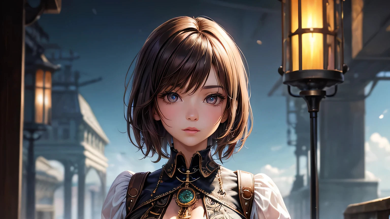 Beautiful woman 1.3, Beautiful brown short hair: 1.2, , Steampunk landscape: 1.2,In town: 1.1, Ultra-high resolution, Accurate, Super detailed, Textured skin, High detail, highest quality, 8k,Thin bangs,Upper Body,Well-drawn eyes, Focus on the face,steampunk outfit,Steampunk Gadgets,Detailed hair depiction,Detailed depiction of eyes、Detailed depiction of hair、vapor、Upper Body、spirit