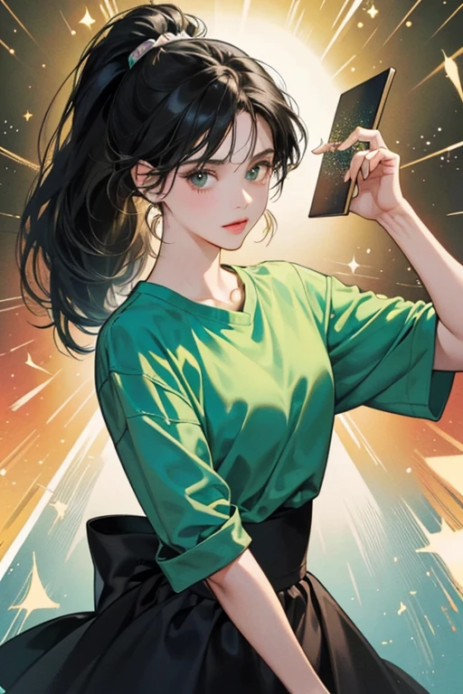 She has long, black hair in a ponytail. She wears a green T-Shirt and a blue skirt. In her 2005 artwork, she is seen holding a picture of a lion's head, while in her 2006 artwork, her arms are seen crossing over each other. Her ponytail is also going across her front in her 2006 artwork, while it goes down her back in her 2005 artwork. However, the picture seen in her 2005 artwork is seen in her close-up in the second frame. SPARKLE; GLITTER