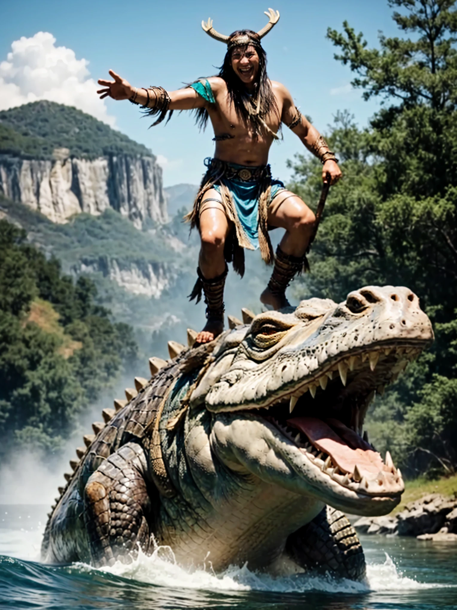 laughing shaman riding huge crocodile in water, 