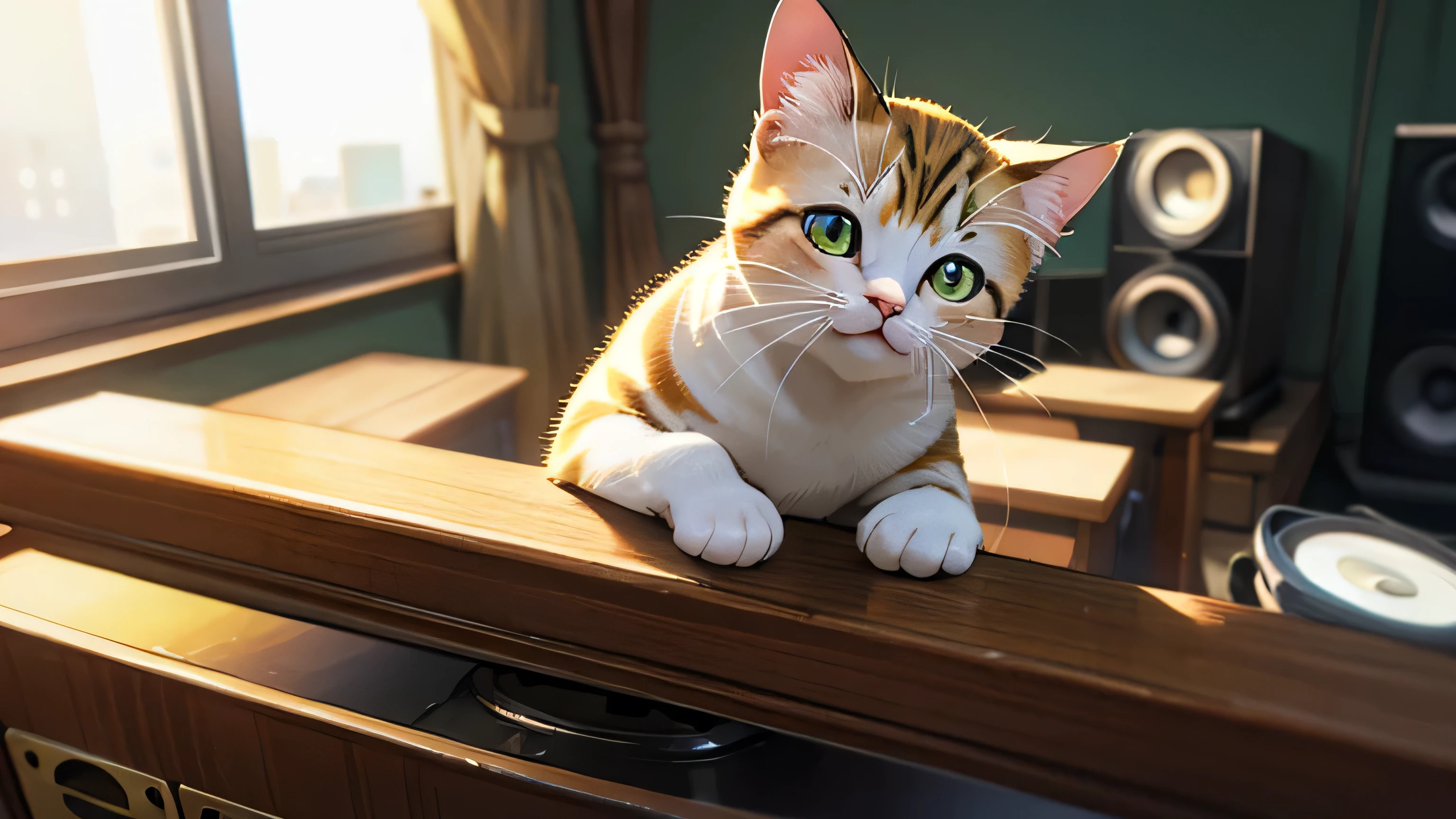 Room with speakers、Cute Cat、Upper body close-up、