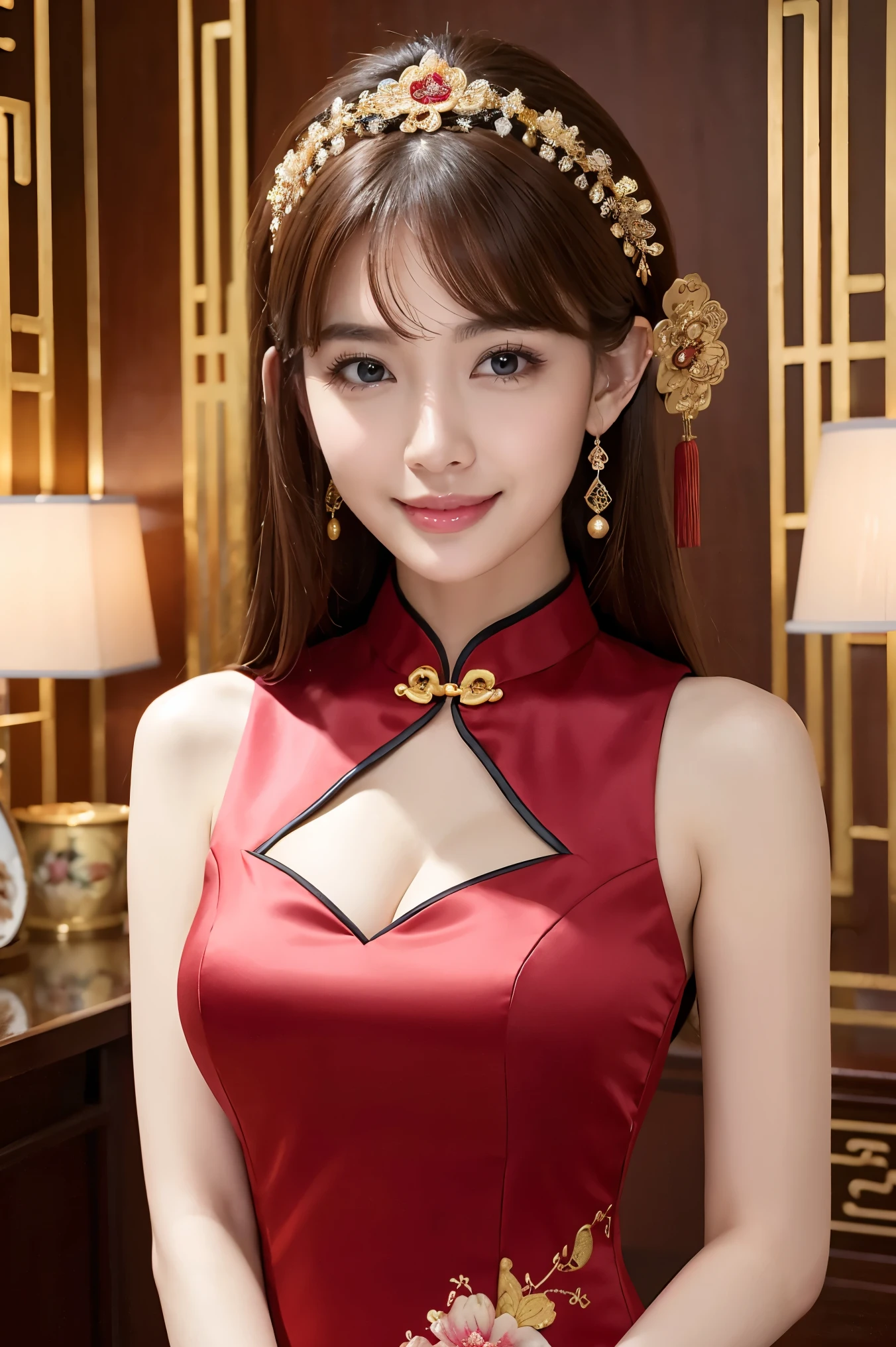 (highest quality、Tabletop、8k、Best image quality、Award-winning works)、Chinese Beauty、(The most luxurious and gorgeous high-end cheongsam:1.2)、The most luxurious and gorgeous hair accessories、Girl portrait photography、Glowing Skin、Brown Hair、Standing Elegantly、(Beautiful wall background with the most gorgeous Chinese style decoration:1.2)、(Big Breasts:1.1)、Cleavage、(Accentuate your body lines:1.1)