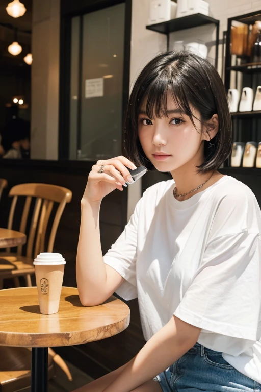 (((A girl sitting across from me at a coffee shop、The man filming it)))、(High resolution:1.3), (16k, Photorealistic, Raw photo, Best image quality: 1.4), Japanese, (One Girl), (Black-haired、short hair:1.3), Beautiful Hairstyles, (Realistic Skin), Beautiful skins, attractive, 超A high resolution, Surreal, High detail, Golden Ratio, Highly detailed cute girl,(20-year-old)、Oversized T-shirt、accessories