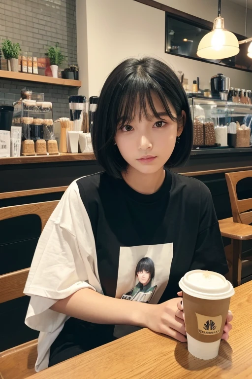 (((A girl sitting across from me at a coffee shop、The man filming it)))、(High resolution:1.3), (16k, Photorealistic, Raw photo, Best image quality: 1.4), Japanese, (One Girl), (Black-haired、short hair:1.3), Beautiful Hairstyles, (Realistic Skin), Beautiful skins, attractive, 超A high resolution, Surreal, High detail, Golden Ratio, Highly detailed cute girl,(20-year-old)、Oversized T-shirt、accessories