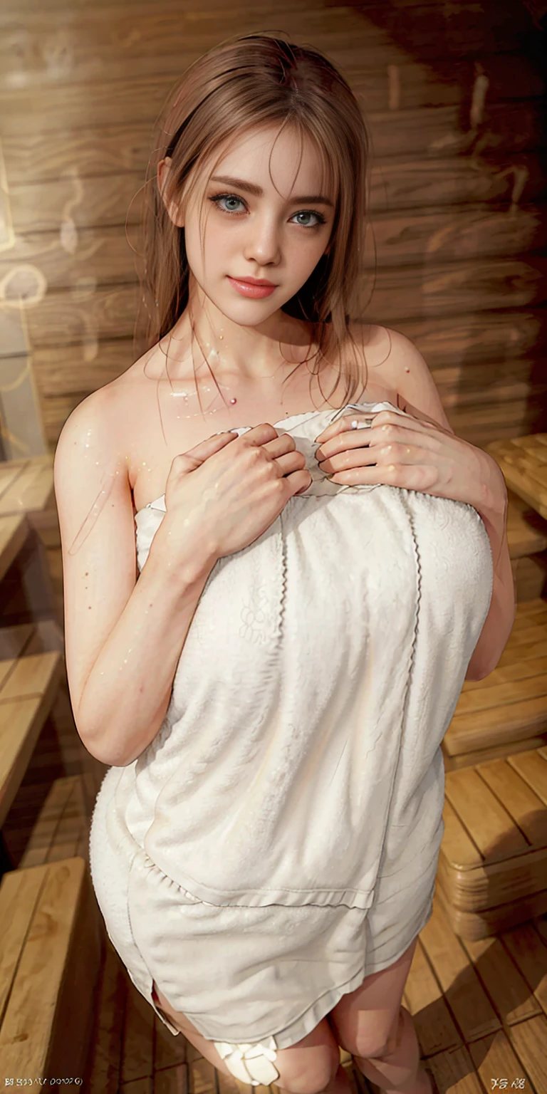 1girl, solo, standing (wearing towel, inside_sauna:1.3) (sweat) oiled, gleaming skin, shiny skin, juice BREAK (masterpiece) (specular lighting:1.3) (hyperrealistic:1.2) (photorealistic face:1.2) (perfect face) (perfect eyes) (best quality) (8k) (4k) sharp focus, octane render, best quality, extremely detailed, intricate, fantasy, soft lighting (gigantic hanging breasts) (skindentation:1.3) (chubby:1.2) (voluptuous:1.2) thick eyelashes, long eyelashes, smile, blush, oil
