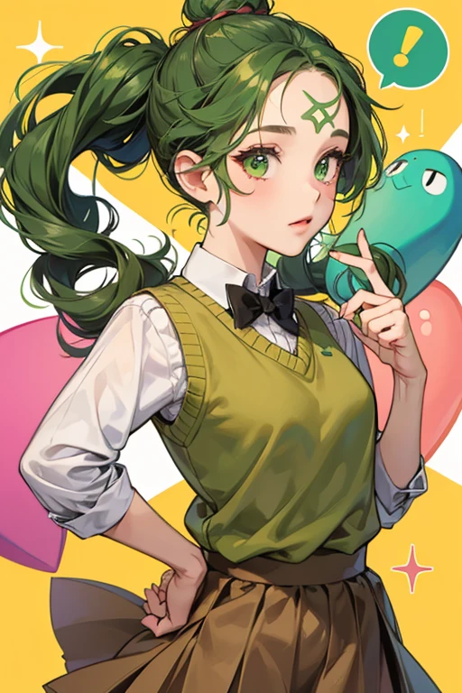 Museumgurutchi is a green Tamagotchi with a triangular shaped head and slim body. She has eyes that are always closed, light brown cheek highlights, and dark green hair tied up in a hair bun with hair sticks. She also has two curls on her forehead and two larger curls on top of her hair. She wears a brown sweater vest and a darker brown skirt. SPARKLE; GLITTER