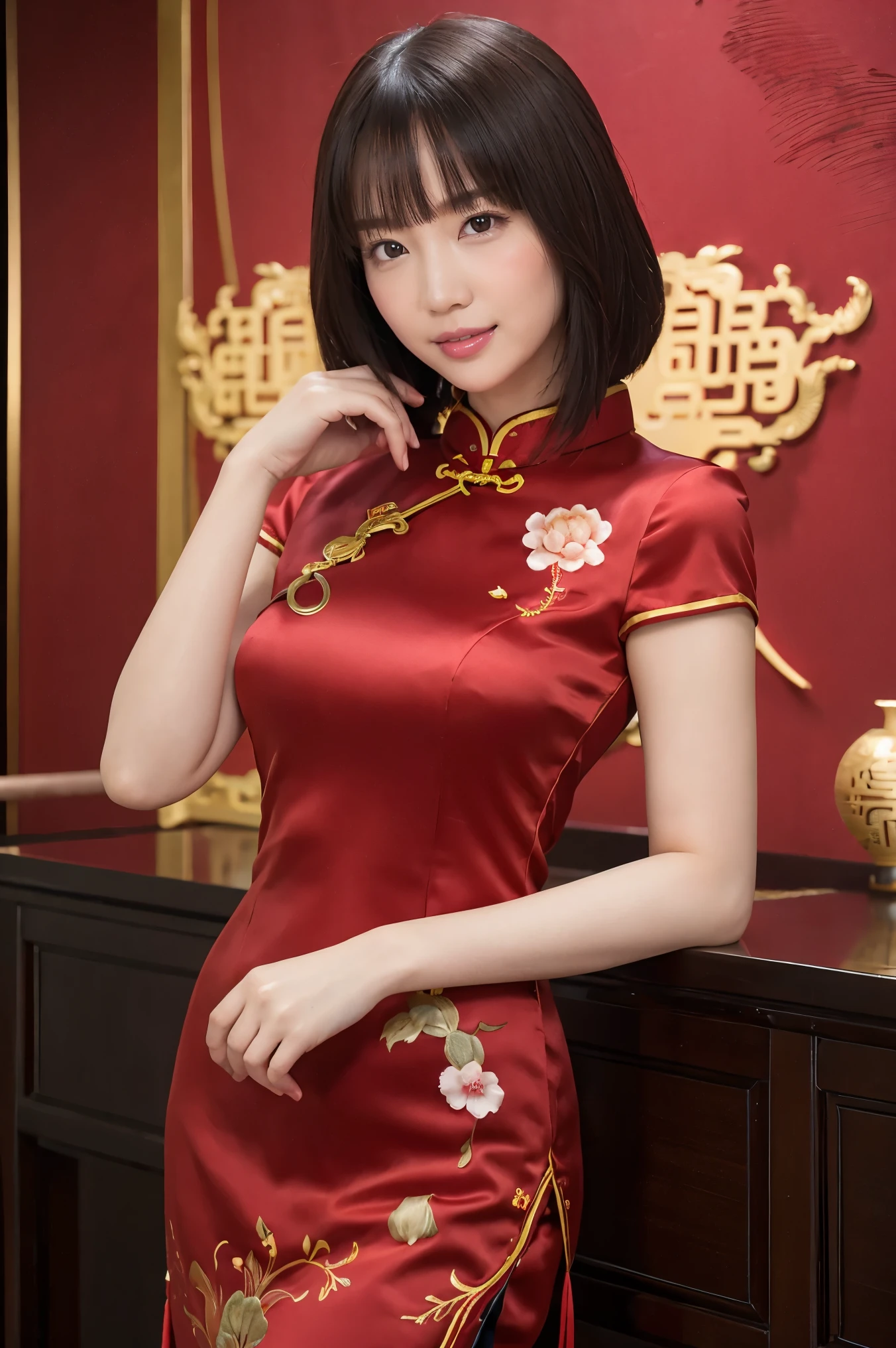 (highest quality、Tabletop、8k、Best image quality、Award-winning works)、Chinese Beauty、(The most luxurious and gorgeous high-end cheongsam:1.2)、Girl portrait photography、Glowing Skin、Brown Hair、Standing Elegantly、(Beautiful wall background with the most gorgeous Chinese style decoration:1.1)、(Big Breasts:1.1)、(Accentuate your body lines:1.1)