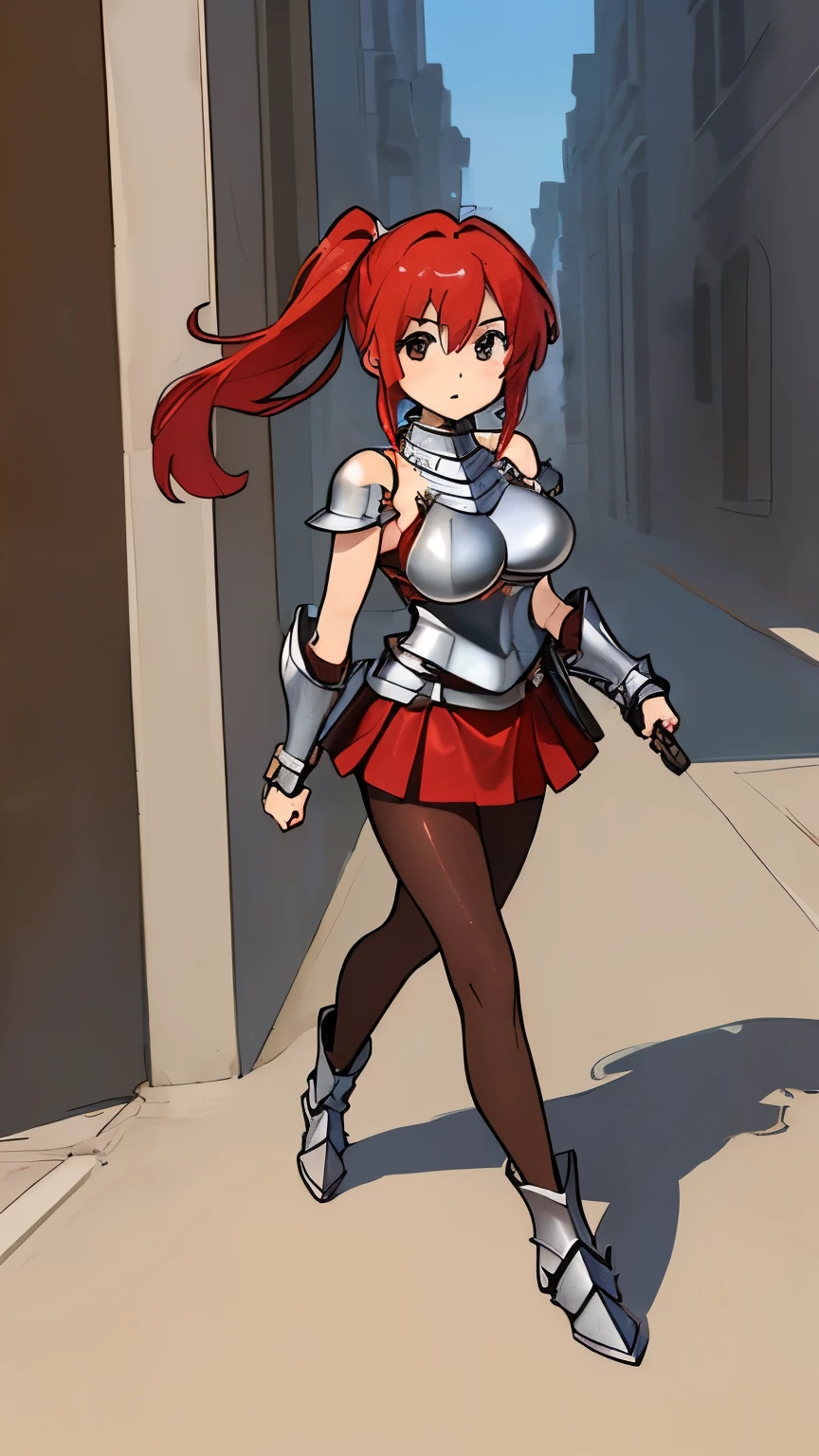 (a female gladiator:1.2), (huge breasts:1.3), (platinum armor on her shoulders:1.4), (red spartan-style leather skirt:1.3), (brown pantyhose:1.4), (emphasis on her legs and feet:1.3), (low wedge ankle booties), long straight red hair, (small hips:1.1), small butt, warrior pose, (thin:1.1), skinny girl, fit, short, athletic, backdrop of the coliseum, toned athletic legs, masterpiece, sunlight, 8k, HDR, amazing details, hyper-realistic, photorealistic, beautiful face, cute, highly attractive, (walking towards the viewer:1.4), feet in view, (show entire body), sexy ankles,
