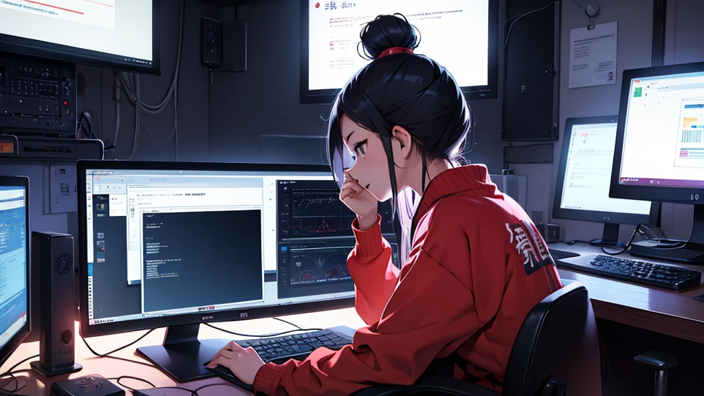 Uma chinesa de , hacker especialista em tecnologia. She is in her cozy and relaxing room typical of a Chinese teenagehe is looking at the monitor screen.