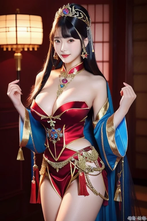A woman in a red and blue dress stands in the room., Japanese goddess, Beautiful Fantasy Empress, Shiny skin, Realistic perfect body, Gorgeous Chinese model, sexy girl, beautiful goddess, thick, Inspiration from Li Tang, Beautiful, charming anime women, sexy body, Very sexy outfit, Chinese girl, Beautiful and detailed, both body and face