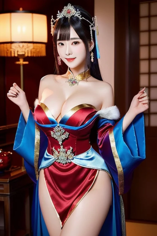 A woman in a red and blue dress stands in the room., Japanese goddess, Beautiful Fantasy Empress, Shiny skin, Realistic perfect body, Gorgeous Chinese model, sexy girl, beautiful goddess, thick, Inspiration from Li Tang, Beautiful, charming anime women, sexy body, Very sexy outfit, Chinese girl, Beautiful and detailed, both body and face