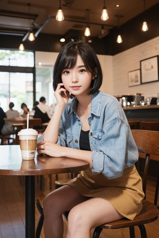 (((A girl sitting across from me at a coffee shop、The man filming it)))、(High resolution:1.3), (16k, Photorealistic, Raw photo, Best image quality: 1.4), Japanese, (One Girl),  (Black-haired、short hair:1.3), Beautiful Hairstyles, (Realistic Skin), Beautiful skins, attractive, 超A high resolution, Surreal, High detail, Golden Ratio, Highly detailed cute girl,(20-year-old)、fashion magazine