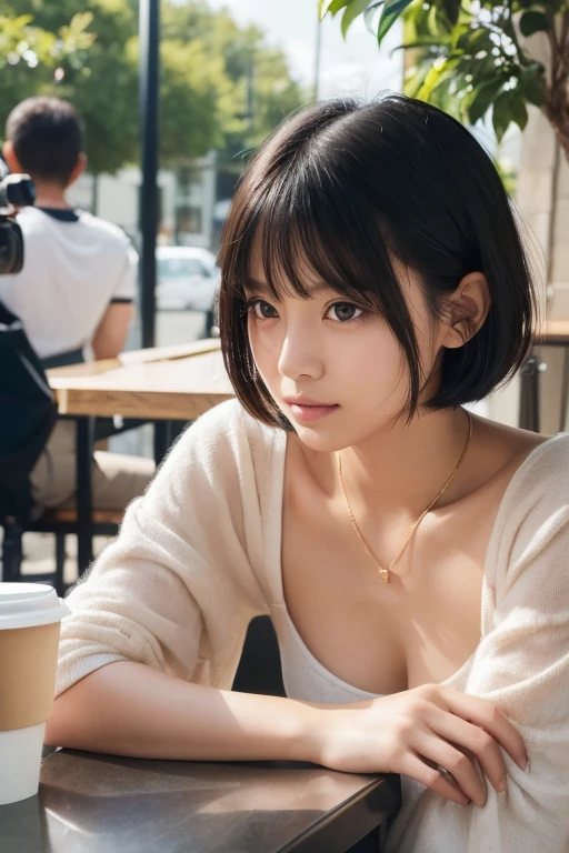 (((A girl sitting across from me at a coffee shop、The man filming it)))、(High resolution:1.3), (16k, Photorealistic, Raw photo, Best image quality: 1.4), Japanese, (One Girl), (Black-haired、short hair:1.3), Beautiful Hairstyles, (Realistic Skin), Beautiful skins, attractive, 超A high resolution, Surreal, High detail, Golden Ratio, Highly detailed cute girl,(20-year-old)、fashion magazine