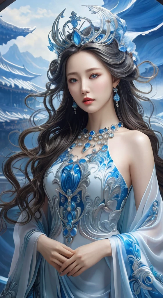 a woman with long hair wearing a blue dress and a crown, fantasy art style, beautiful young wind spirit, beautiful character painting, a beautiful fantasy empress, ((a beautiful fantasy empress)), ethereal beauty, by Fan Qi, by Qu Leilei, digital fantasy art ), by Li Song, xianxia fantasy, beautiful and elegant elf queen, by Yang J