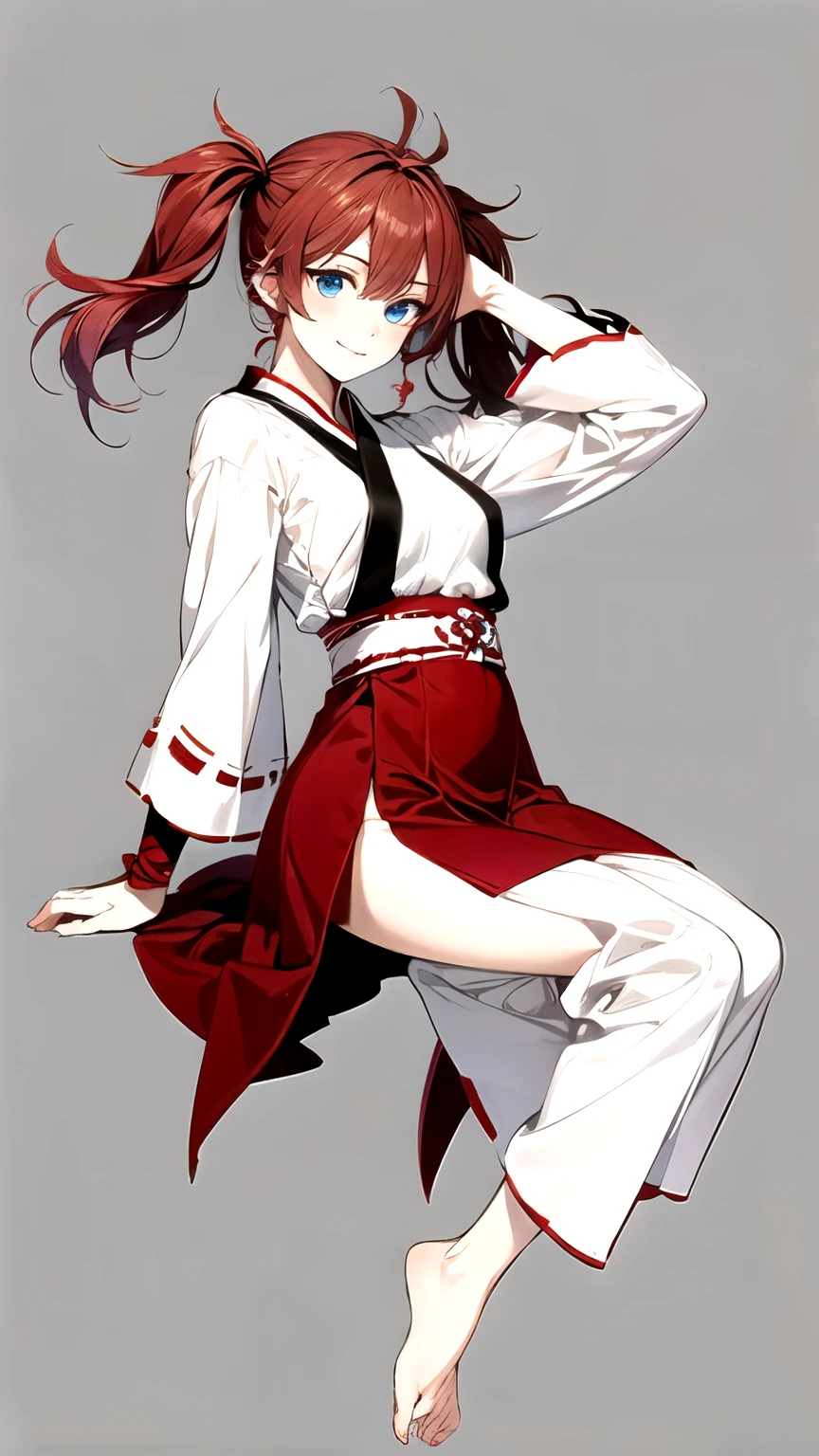 Background Single Color,full body,from front,((highest quality)), ((masterpiece)), (detailed), Perfect Face. Asian Girl. Red Hair. blue eyes. . miko,(high twintails),Hide your feet