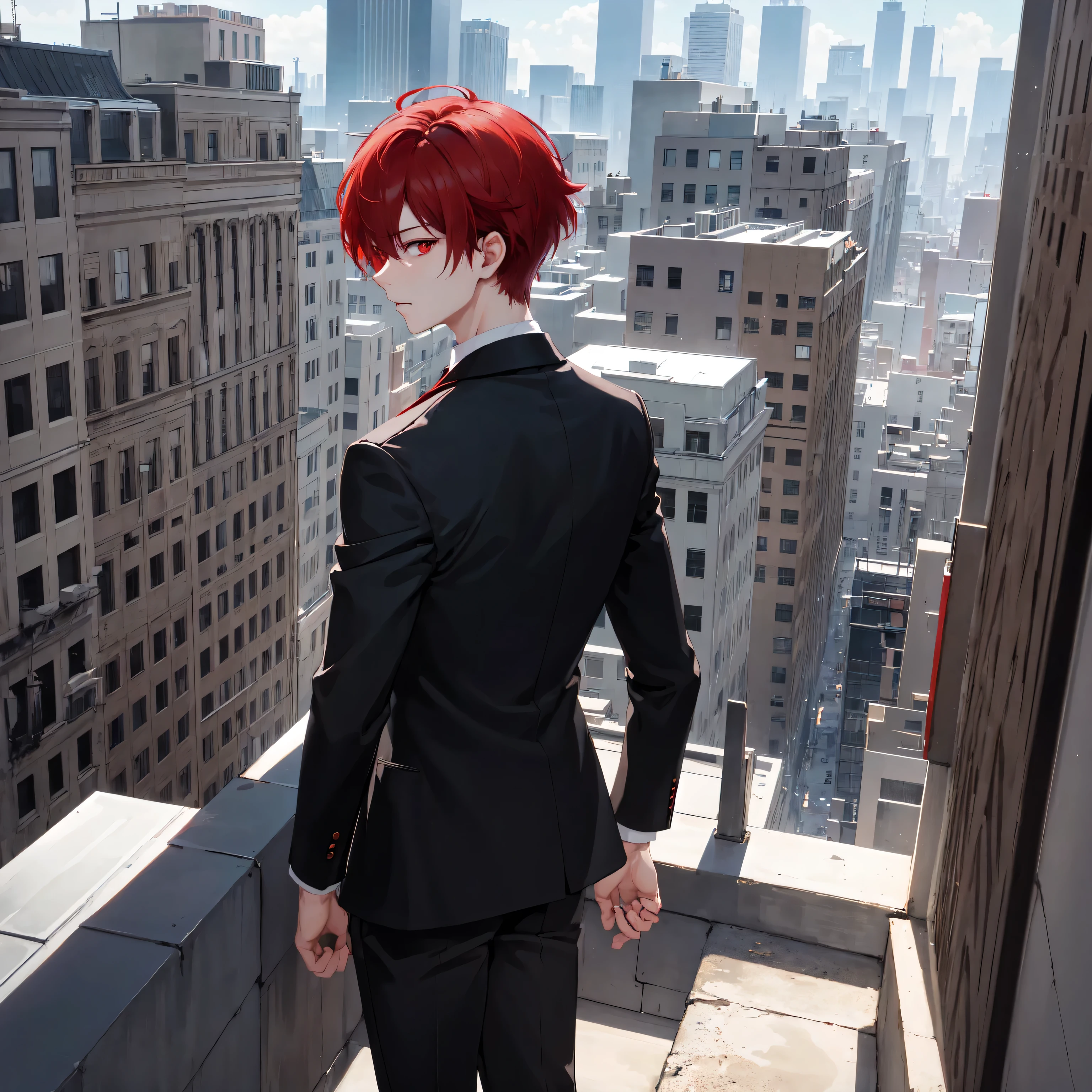 1boy, short red hair, dark red eyes, wearing all black suits, on top of a building, high res, ultrasharp, 8k, masterpiece, looking at viewer from behind
