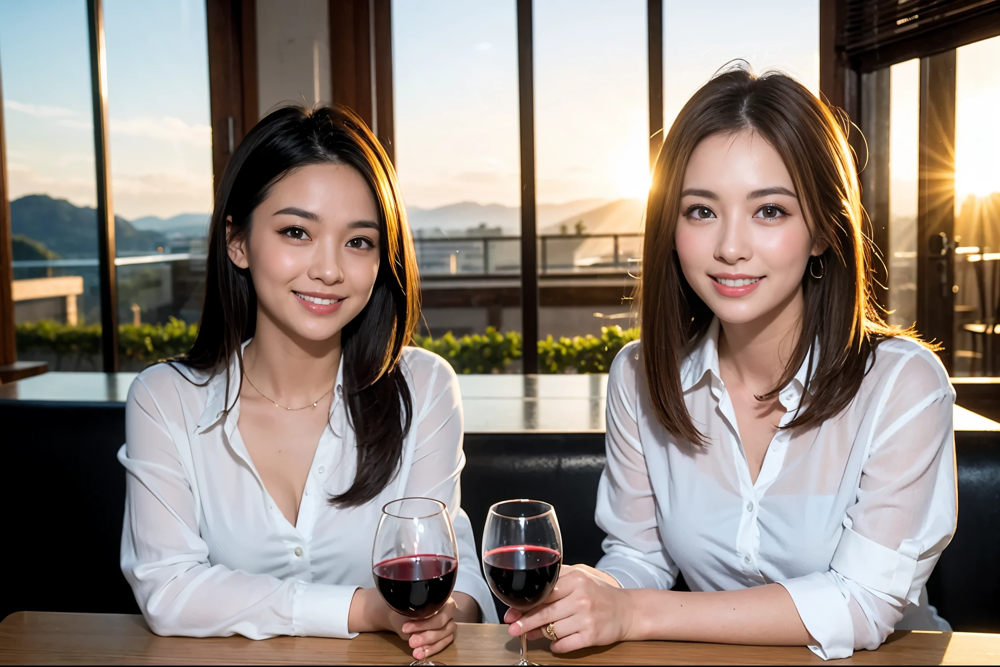 ((highest quality、8k、masterpiece:1.3))、1 male、1 female、石原さとみ似美女Couple、Spouse、Couple、The body is slim、((Bob Hale、Straight hair:1.2)), (Realistic, Intricate details:1.2), テーブルの上のwine glass、Put the light on your face、 Amazing view of the sunset sky and clouds、Amazing mountain views、A bright smile、The wonderfulness of smile、Bright image、The beauty of wine, Beautiful Face, blue eyes, The light shines on your face, Blushing, short hair,Bright Face、 (Age 37), "41 years old, red wine 、Appetizers、Italian food、Wine bottle、Champagne、sparkling wine、Two beauties、Brown Hair、Shortcuts、Long sleeve shirt、dress、Pretty Woman 1, (slimな顔), (The body is slim), (Brown Hair), (Shortcuts), cheeks turn a little red,Attractive beauty、restaurant, In a prominent place (From the waist up) Nova Frog Style, actress, model, Upper Body, White wine, slim, wine glass, 中央に置かれたwine glass, smile, (smile: 1.15), Beautiful fine grain, Depth f/2,saturation, High Contrast, Strong light and shadow,Moist Body:1.5、3D texture、Delicate eyes、Brown Hair、The hair is very shiny、