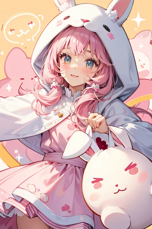 My Melody resembles a white rabbit wearing a pink hood that covers her ears. She has pink cheeks and a round, yellow nose. SPARKLE; GLITTER